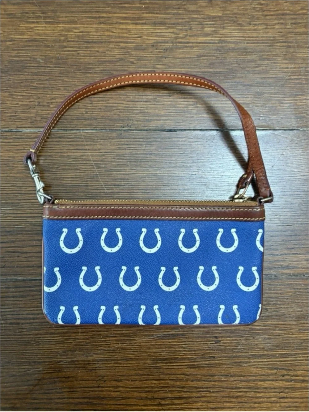 Dooney & Bourke Blue Horseshoe Print Wristlet with Brown Trim